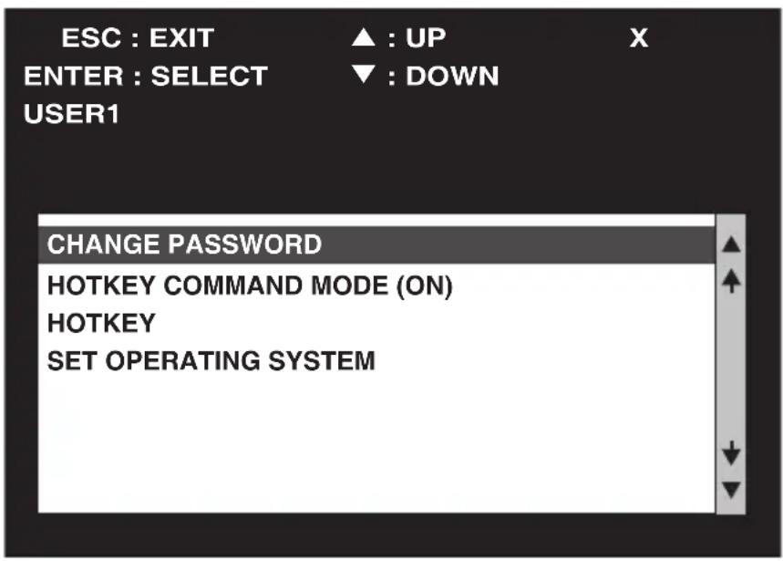 ESC : EXIT ▲ : UP X ENTER : SELECT ▼ : DOWN USER1 CHANGE PASSWORD HOTKEY COMMAND MODE (ON) HOTKEY SET OPERATING SYSTEM