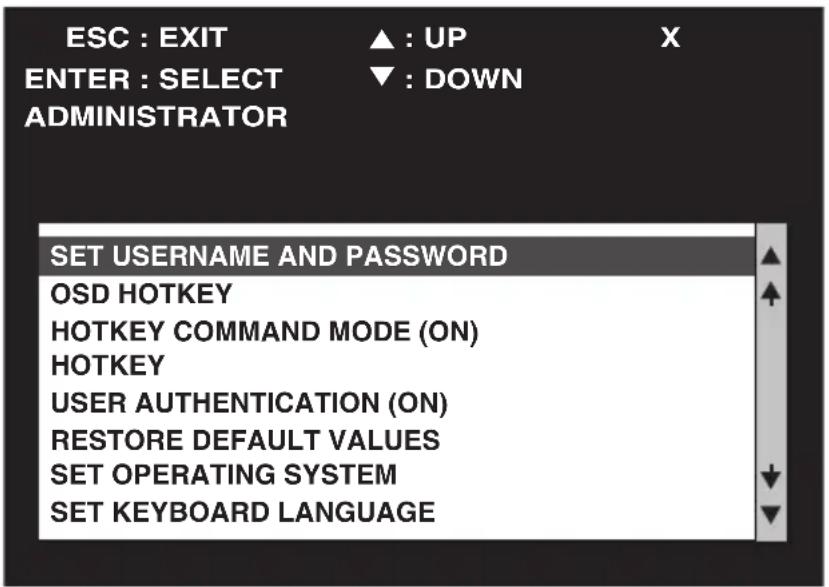 ESC : EXIT ▲ : UP X ENTER : SELECT ▼ : DOWN ADMINISTRATOR SET USERNAME AND PASSWORD OSD HOTKEY HOTKEY COMMAND MODE (ON) HOTKEY USER AUTHENTICATION (ON) RESTORE DEFAULT VALUES SET OPERATING SYSTEM SET KEYBOARD LANGUAGE