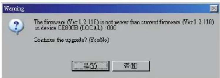 Warning The firmware (Ver 1.2.118) is not newer than current firmware (Ver 1.2.118) in device CE800B (LOCAL) : 000 Continue the upgrade? (Yes/No) 是(Y) 否(N)