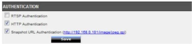 AUTHENTICATION RTSP Authentication HTTP Authentication Snapshot URL Authentication (http://192.168.0.101/image/ijseq.cgi) Save