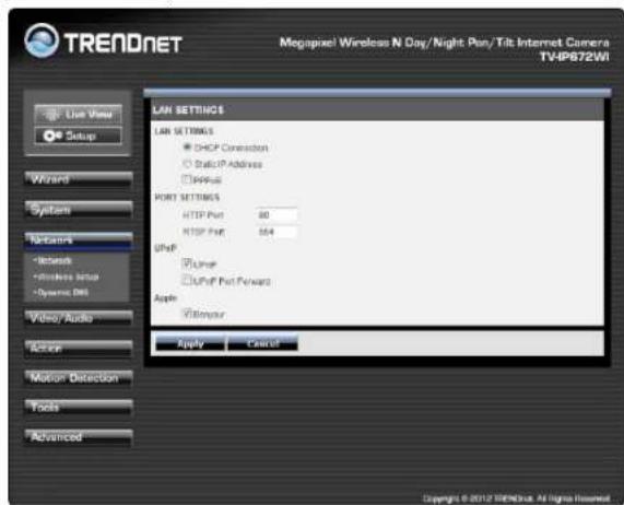 TREADNET Megapixel Wireless N Day/Night Port/Tilt Internet Camera TV-HP672.WI LAN SETTINGS LAN SETTINGS ● DHCP Connection ○ Startup Address □ PPP# PORT SETTINGS HTTP Port 80 HTTP Port 554 UPnP □ Lower □ UPnP Port Forward Apple □ Bimpur Apply Cancel Winard Systems Networks Windows Setup Windows DNS Video/Audio Action Motion Detection Tools Advanced