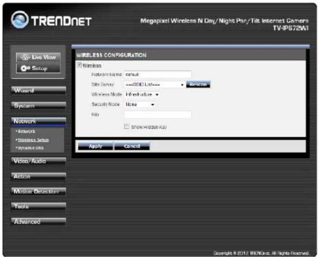 TRENDNET Megapixel Wireless N Day/Night Par/Tilt Internet Cameras TV-IPS72WI Live View Setup Wireless CONFIGURATION Wireless Network Channel: default Site Survey: ===3500 Listless - Network Wireless Mode: Infraitude - Satellite Node: None - Play: Show Hidden Key Apply Cancel Video / Audio Action Mobile Detection Tools Advanced Copyright © 2017 IEEE Net. All rights reserved.