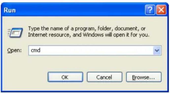 Run Type the name of a program, folder, document, or Internet resource, and Windows will open it for you. Open: cmd OK Cancel Browse...