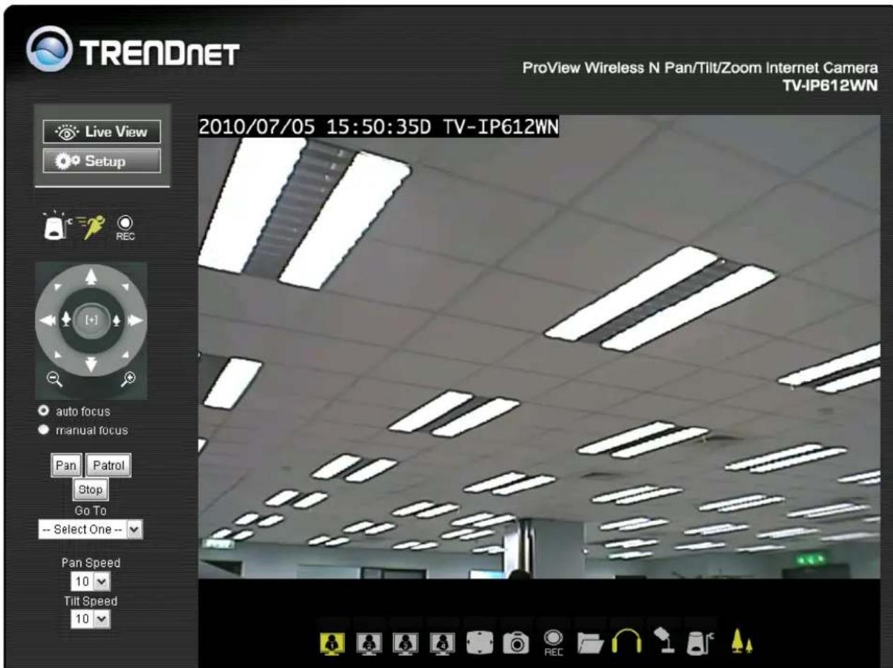 TREADNET ProView Wireless N Pan/Tilt/Zoom Internet Camera TV-IP612WN Live View Setup REC 2010/07/05 15:50:35D TV-IP612WN auto focus manual focus Pan Patrol Stop Go To -- Select One -- Pan Speed 10 Tilt Speed 10