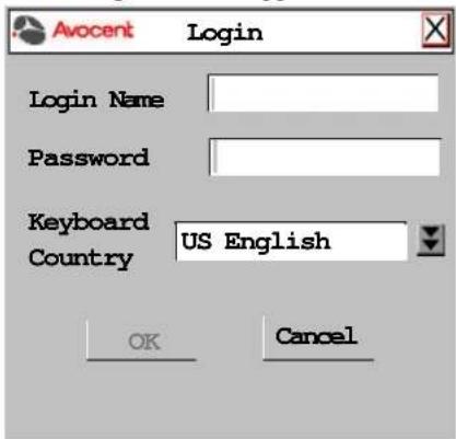 Avocent Login Login Name Password Keyboard US English Country OK Cancel
