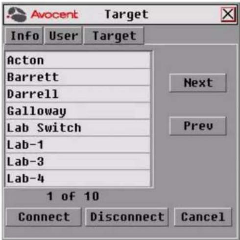 Avocent Target Info User Target Acton Barrett Darrell Galloway Lab Switch Lab-1 Lab-3 Lab-4 1 of 10 Connect Disconnect Cancel Next Prev
