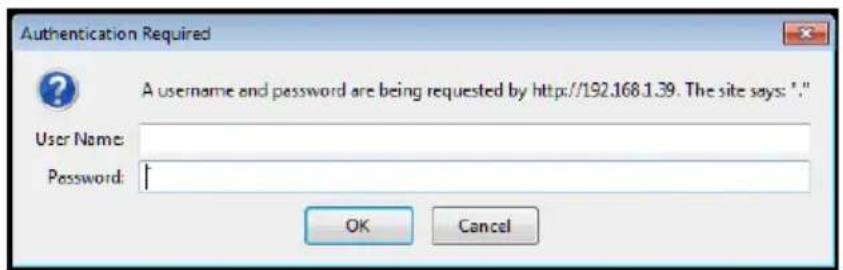 Authentication Required A username and password are being requested by http://192.168.1.39. The site says: "." User Name: Password: OK Cancel