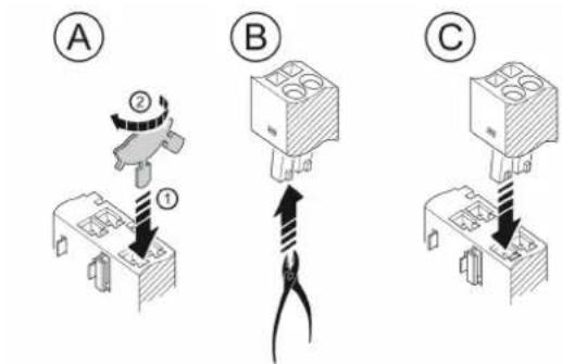 Diagram showing three-step electrical component assembly: A, B, and C with labeled parts and directional arrows indicating assembly steps.