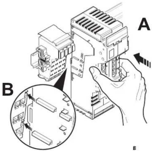 Technical diagram showing a hand operating an electronic device labeled A, with inset detail B illustrating internal components.
