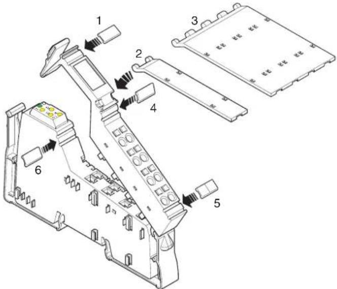 Technical diagram of a mechanical assembly with numbered components and directional arrows indicating parts of each part.