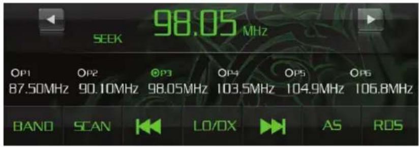 SEEK 98.05 MHz OP1 OP2 OP3 OP4 OP5 OP6 87.50MHz 90.10MHz 98.05MHz 103.5MHz 104.9MHz 106.8MHz BAND SCAN LO/OX AS ROS