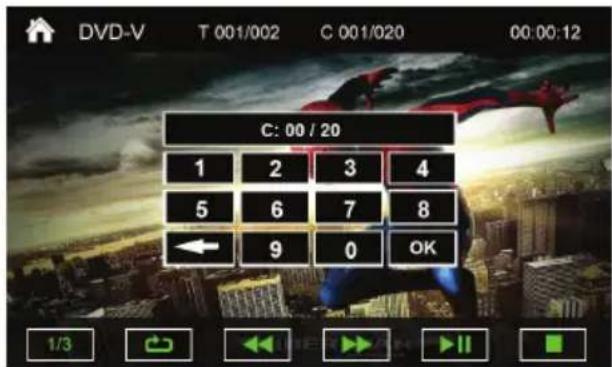 DVD-V T 001/002 C 001/020 00:00:12 C: 00 / 20 1 2 3 4 5 6 7 8 ← 9 0 OK 1/3