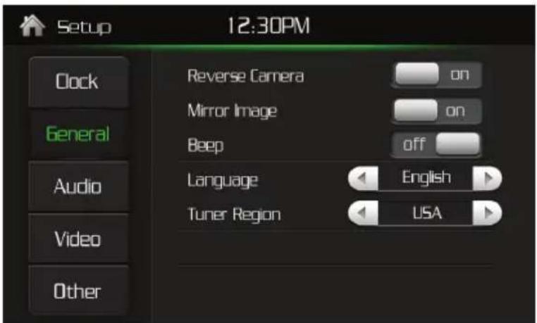 Setup 12:30PM Clock General Audio Video Other Reverse Camera on Mirror Image on Beep off Language English Tuner Region USA