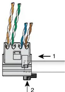 Diagram of a cable connector with labeled parts and directional arrows indicating connection points 1 and 2.