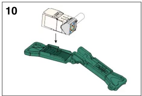3D mechanical assembly diagram showing a component being processed into a green plastic housing (no text or symbols visible)