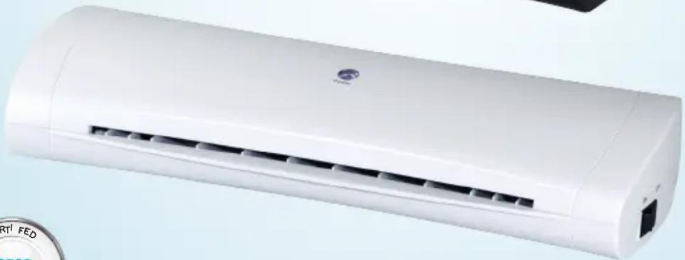 White air conditioner unit with ventilation slots and a label showing 'ART' FED (no visible text on device body)