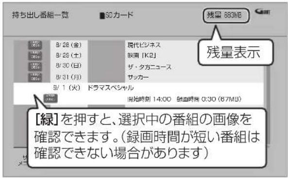 持ち出し番組一覧 ■30カード 残量 583MB 残量表示 B/28 (金) B/29 (土) B/30 (日) B/31 (月) B/1 (火) ドラマスペシャル 開始時刻 14:00 剛画時間 0:30 (67MB) [緑]を押すと、選択中の番組の画像を確認できます。(録画時間が短い番組は確認できない場合があります)