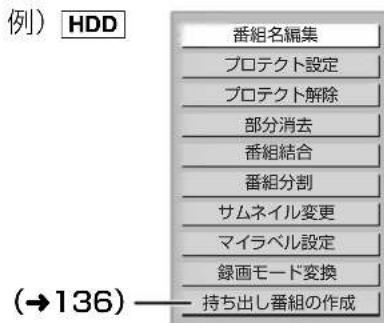 例)HDD 番組名編集 プロテクト設定 プロテクト解除 部分消去 番組結合 番組分割 サムネイル変更 マイラベル設定 録画モード変換 持ち出し番組の作成 (→136)