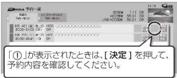 DIOA 予約一覧 80歳年 1:11 DR HDD年度 55.31 DR USB-HDD年度 56.21 DR 不約一覧(2) ナブゴリー年度を示例 不約一覧(3) 8月 4日(金) 地上D HDD ○○○○○○○○○○○○ 20:00~21:00 C61 DR 9月 5月(半) 十日 HDC ○○○○○○○○○○○○ 20:30~20:45 10 DR 「①」が表示されたときは、[決定]を押して、 予約内容を確認してください。