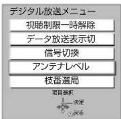 デジタル放送メニュー 視聴制限一時解除 データ放送表示切 信号切換 アンテナレベル 枝番選局 項目選択 決定 戻も