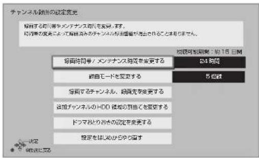 チャンネル創出の設定変更 解得する対象やメンテナンス対象を変更します。 対象の変更によって解除済みのチャンネル製書番号が周辺されることはありません。 観察可能期間:約18日間 銅面時間帯/メンテナンス財務を変更する 24 週間 銅面モードを変更する 5 週間 銅面するチャンネル、銅面先を変更する 追加チャンネルのHDD 横戦の別当てを変更する ドラマおとりおきの設定を変更する 設定をはじめからやり直す 決定 発表における
