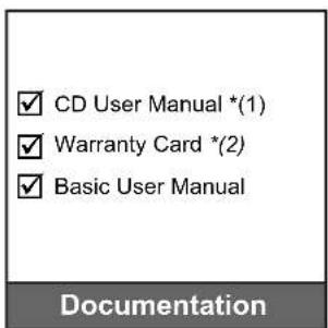 CD User Manual *(1) Warranty Card *(2) Basic User Manual Documentation