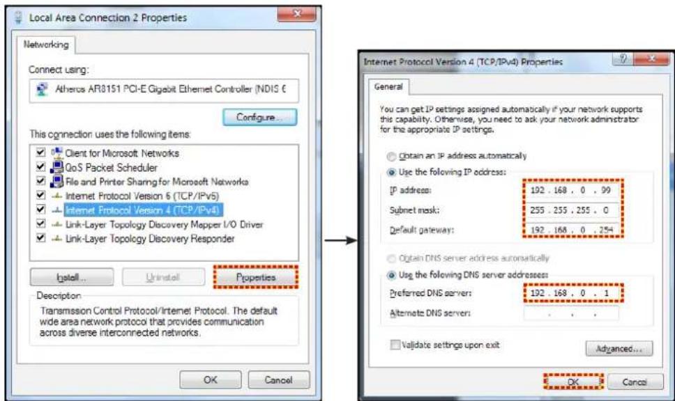 Local Area Connection 2 Properties Networking Connect using: Atheros AR3151 PCI-E Gigabit Ethernet Controller (NDIS €) Configure... This connection uses the following items: Client for Microsoft Networks GoS Packet Scheduler File and Printer Sharing for Microsoft Networks Internet Protocol Version 6 (TCP/IPv5) Internet Protocol Version 4 (TCP/IPv4) Link-Layer Topology Discovery Mapper I/O Driver Link-Layer Topology Discovery Responder Install... Uninstall Properties Description Transmission Control Protocol/Internet Protocol. The default wide area network protocol that provides communication across diverse interconnected networks. Internet Protocol Version 4 (TCP/IPv4) Properties General You can get IP settings assigned automatically if your network supports this capability. Otherwise, you need to ask your network administrator for the appropriate IP settings. Obtain an IP address automatically Use the following IP address: IP address: 192 . 168 , 0 . 99 Submit mask: 255 . 255 , 255 . 0 Default gateway: 192 . 168 , 0 . 254 Obtain DNS server address automatically Use the following DNS server addresses: Preferred DNS server: 192 . 168 , 0 . 1 Alternate DNS server: . Validate settings upon exit Advanced... OK Cancel OK Cancel