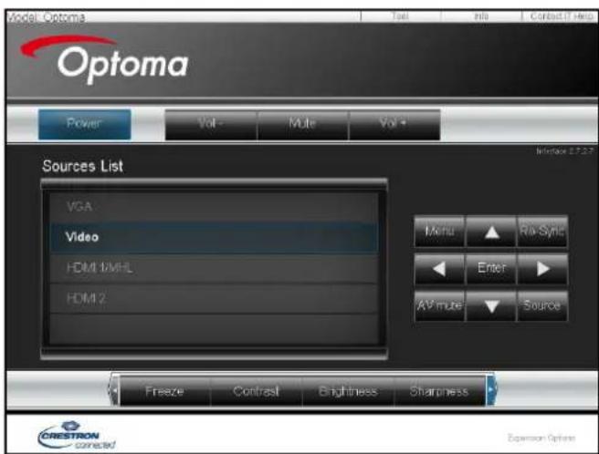 Model Optoma Optoma Power Vol - Mute Vol + Sources List VGA Video HDMI AMHL HDMI 2 Menu ▲ Ria-Sync ◀ Enter ▶ AV mute ▼ Source Freeze Contrast Brightness Sharpness CRESTRON connected Expansion Options