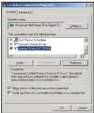 Local Area Connection Properties General | Advanced | Connect using: Broadcom NetView 57.8e Organic Co Configure This connection uses the following items: Gas Pocket Scheduler Network Manila Driver Internet Protocol ID (IP/IP) Install... Import... Properties Description Transmission Control Protocol/Internet Protocol. The default width of data network protocol that provides communication across diverse interconnected networks. Shoes com in notification area when connected Notify go when this connection has limited or no connectivity OK Cancel