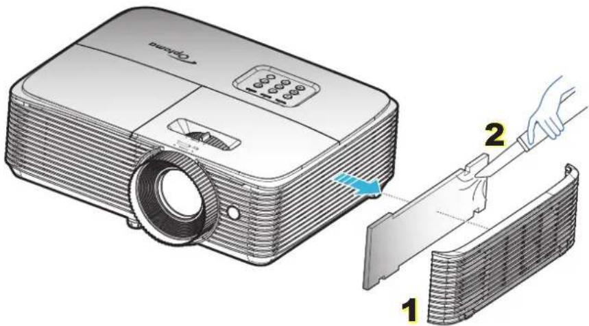 Diagram showing a projector with labeled parts and a hand holding a blade, illustrating the process of slide opening or cutting.