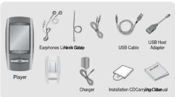 Player Earphones Lim neck Gasp Charger USB Cable USB Host Adapter Installation CDCarrying Manual