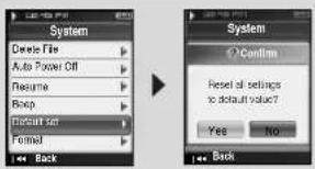 System Delete File Auto Power Off Resume Resp Default set Formed Back System Confirm Reset of settings to default value? Yes No Back