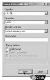 Format Properties (Form 10) Opacity: 1:10 GB Bit system: FAT32 Block size unit size Default allocation size Volume label: Format options: Quick format Clear Close Start Next Click