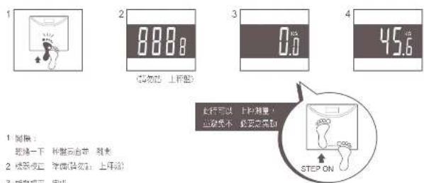 1 2 8.88.0 (请勿动 上手触) 3 0.0 4 45.6 1. 限制: 超速一下 利盘显示台前 刺表 2. 续外校正 除值(设定后 上手测) 3. 增效或已 完成 此行可以 上行测量, 应避免不 此变之危险 STEP ON