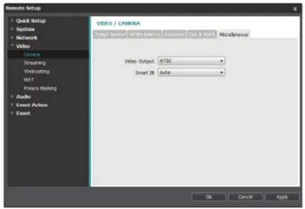 Remote Setup Quick Setup Systems Network Video Camera Streaming Webcasting NAT Privacy Marking Audio Event Action Event VIDEO / CAMERA Image Serial White Bar Size Exposure Gas & Wind Miscellaneous Video Output NTSC Smart IR Auto OK Cancel Apply