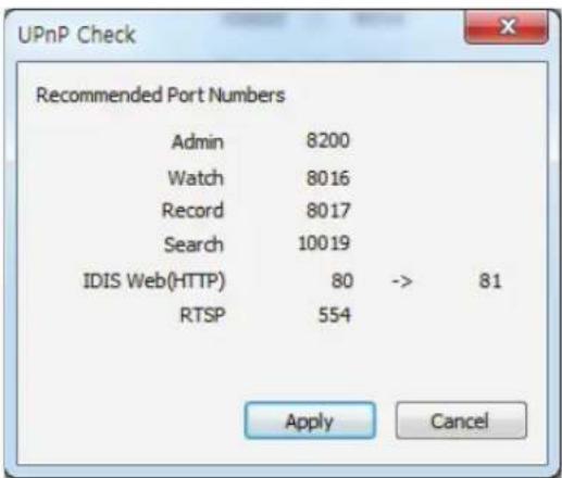 UPnP Check Recommended Port Numbers Admin 8200 Watch 8016 Record 8017 Search 10019 IDIS Web(HTTP) 80 -> 81 RTSP 554 Apply Cancel