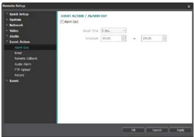 Remote Setup Quick Setup System Network Video Audio Event Action Alarm Out Email Remote Callback Audio Alarm FTP Upload Record Event EVENT ACTION / ALARM OUT Alarm Out: Over time: 5 sec. Schedule: 00:00 ~ 24:00 OK Cancel Apply