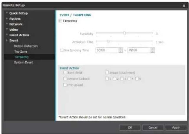 Remote Setup Quick Setup System Network Video Event Action Event Motion Detection Trip-Zone Tampering System Event EVENT / TAMPERING Tampering Sensitivity 3 Action Time 1 sec Use Spinning Time 16:00 89:00 Event Action Sand Event Unique Attachment Remote Callback 6 2 3 4 5 FTP Upload *Event Action should be set for normal operation. OK Cancel Apply