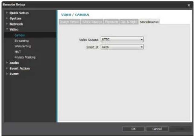 Remote Setup Quick Setup System Network Video Camera Streaming Webcasting HAT Primary Making Audio Event Action Event VIDEO / CAMERA Image Setup NTSC Instance Exposure Dir & Right Miscellaneous Video Output NTSC Smart IR Auto OK Cancel Cancel