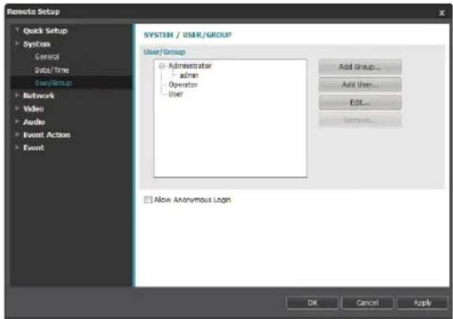 Remote Setup Quick Setup Systems General Date/Time User/group Network Video Audio Event Action Event SYSTEM / USER/GROUP User/Group Administrator admin Operator User Add Group... Add User... Edit... Remove... Allow Anonymous Login OK Cancel Apply