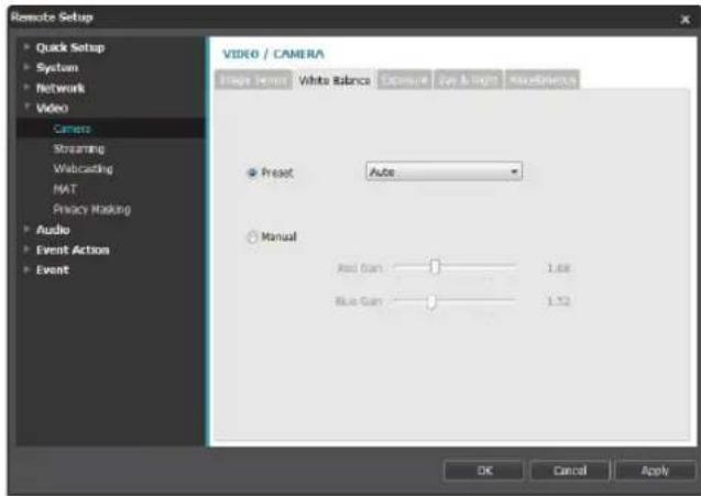 Remote Setup Quick Setup System Network Video Camera Streaming Webcasting NAT Privacy Masking Audio Event Action Event VIDEO / CAMERA Image Secret White Balance Exposure Eye & Light Audio Reset Auto Manual Auto Gun 1.68 Blue Gun 1.52 OK Cancel Apply