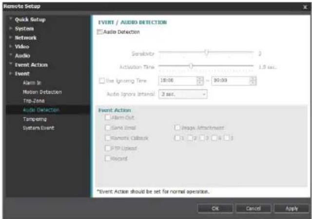 Remote Setup Quick Setup System Network Video Audio Event Action Event Alarm In Motion Detection Trip-Zone Audio Detection Tampering System Event EVENT / AUDIO DETECTION Audio Detection Sensator Activation Time 1.0 sec. The Ignoring Time 18:06 ~ 90:00 Audio Ignore Interval 2 sec. Event Action Alarm Out Same Email Brags Attachment Remote Callback 1 2 3 4 5 FTP Upload Record *Event: Action should be set for normal operation. OK Cancel Apply