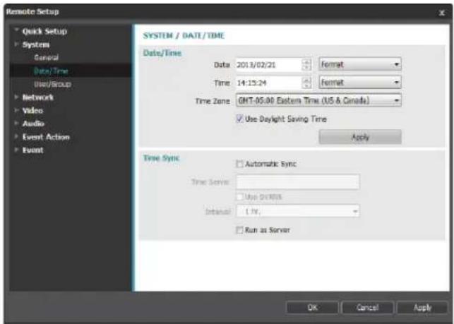 Remote Setup Quick Setup System General Date/Time User/Group Network Video Audio Event Action Event SYSTEM / DATE/TIME Date/Time Data 2013/02/21 Format Time 14:15:24 Format Time Zone GMT-05:00 Eastern Time (US & Canada) Use Daylight Saving Time Apply Time Sync Automatic Sync Time Servin: Use DriveMOS Setup: 1. N. Run as Server OK Cancel Apply