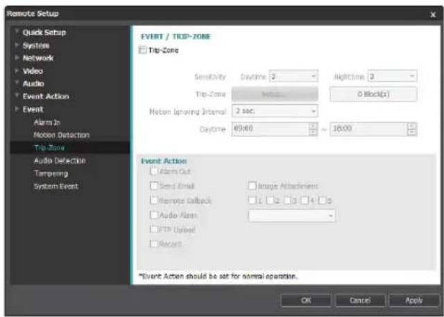 Remote Setup Quick Setup System Network Video Audio Event Action Event Alarm In Moben Detection Trip Zone Audio Detection Tapering System Event EVENT / Trip-ZONE Trip-Zone Sensitivity Daytime 3 Nighttime 3 Trip-Zone 400000 0 Block(s) Motion Spinning Interval 2 sec. Daytime 40000 ~ 30.00 Event Action Alarm Out Send Email Image Attachment Remote Callback 1 2 3 4 5 Audio Alarm FTP Ubiel Recent *Event Action should be set for normal operation. OK Cancel Apply