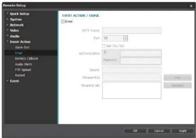 Remote Setup Quick Setup System Network Video Audio Event Action Alarm Out Email Remote Callback Audio Alarm FTP Upload Record Event EVENT ACTION / EMAIL Email SMTP Server Part: 25 Use SSL/TLS Authentication: 0 Password: Sender: Recipient(s): Recipient List: Add Remove OK Cancel Apply