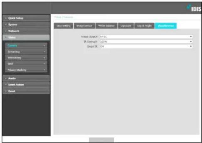 Quick Setup Systems Network Video Customs Formatting Weblocking SAD Privacy Masking Audio Event Action Event Video / Comedy Only Setting Image Sensor White balance Exposure Stop & Night Clearance Video Output: PTR IR Strength: 100% Smart IR: 100%