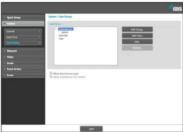 IDIS System / User/Group User/Group Administrative admin Operator User Add Group... Add User... CRL... Options... Network Video Audio Event Action Event Allow Anonymous Status Allow Anonymous PPT2 Control Save