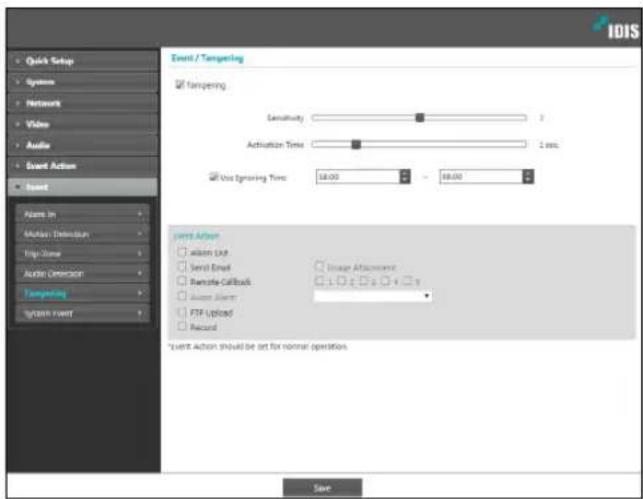 IDIS Quick Setup Systems Networks Video Audio Event Action Event / Tspaning Tspaning Sensitivity 3 Activation Time 2 sec. Use Ignoring Time: 18.00 - 69.00 Event Action Action List Send Event Remote Callback Image Attachments FTP Uploaded Record Event Action should be set for normal operation. Size