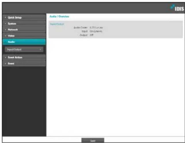 Audio / Overlines Input/Output Audio Order: 0.711.uL/sec Input On/Others Output Off Quick Setup Systems Networks Value Audio Input/Output Event Action Event Save