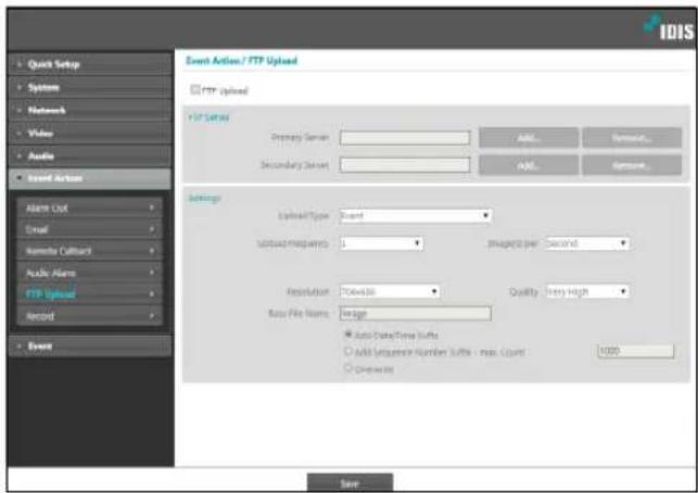 IDIS Event Action / FTP Upload FTP Upload FTP Select Primary Server Secondary Server Settings Default Type: Event Default Frequency: 0 Resolution: To Bahamas Auto File Name: Hedge Auto Data/Time Buffs Add Sequence Number Buffs - max. Count Overwrite Add... Remove... Add... Options Save